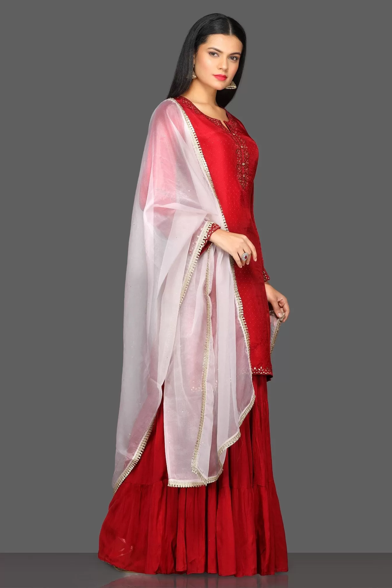 502596 Red Embroidered Sharara Suit with White Dupatta