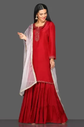 502596 Red Embroidered Sharara Suit with White Dupatta