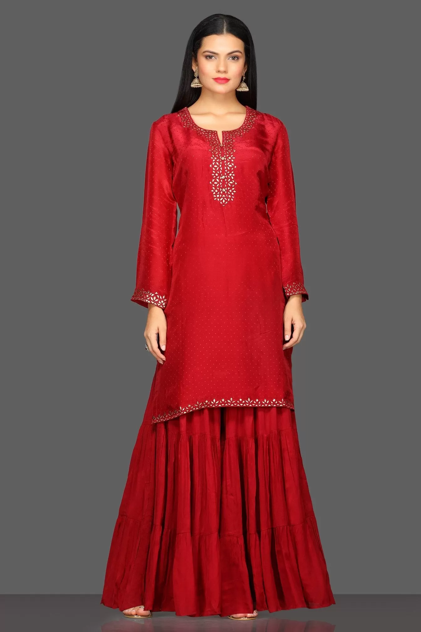 502596 Red Embroidered Sharara Suit with White Dupatta