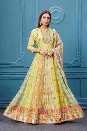 510026 Yellow and Beige Printed Anarkali Suit