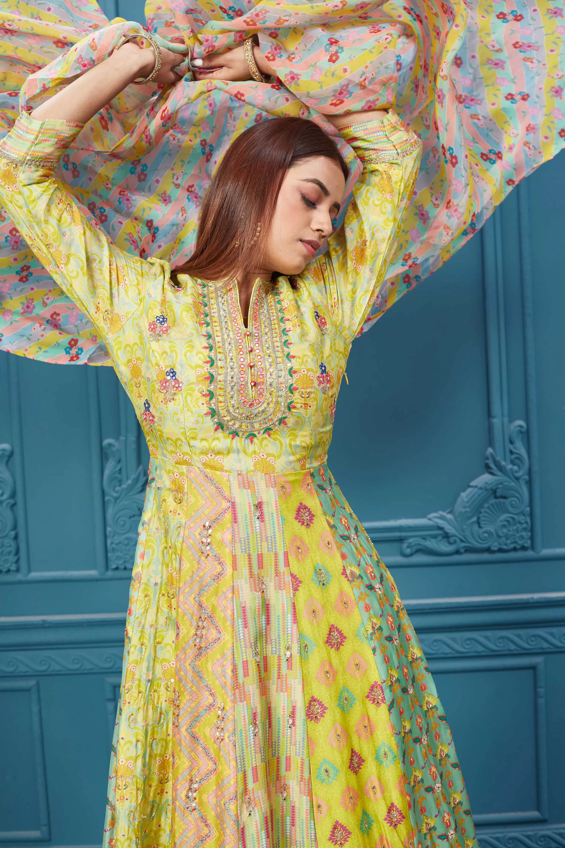 510026 Yellow and Beige Printed Anarkali Suit