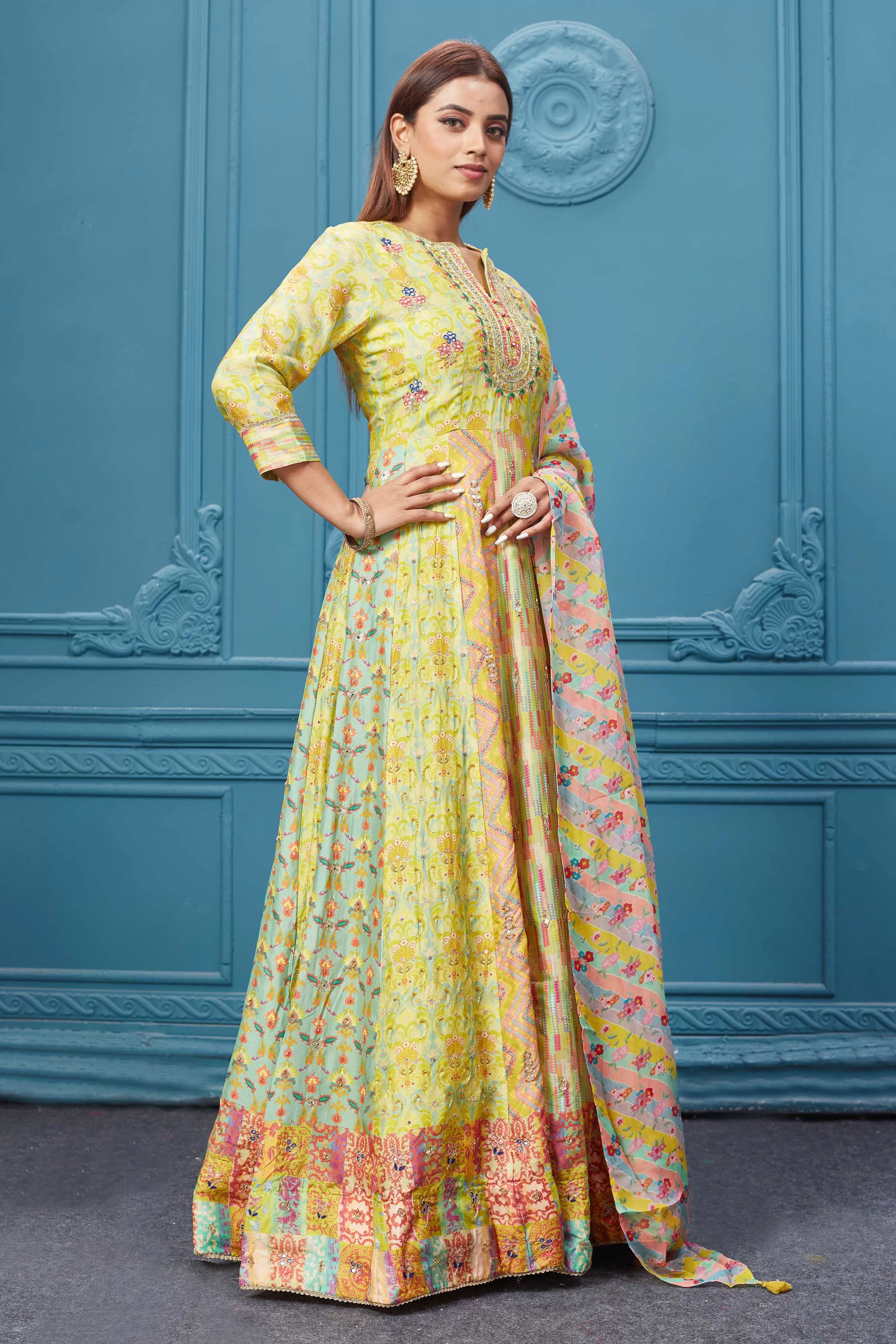 510026 Yellow and Beige Printed Anarkali Suit