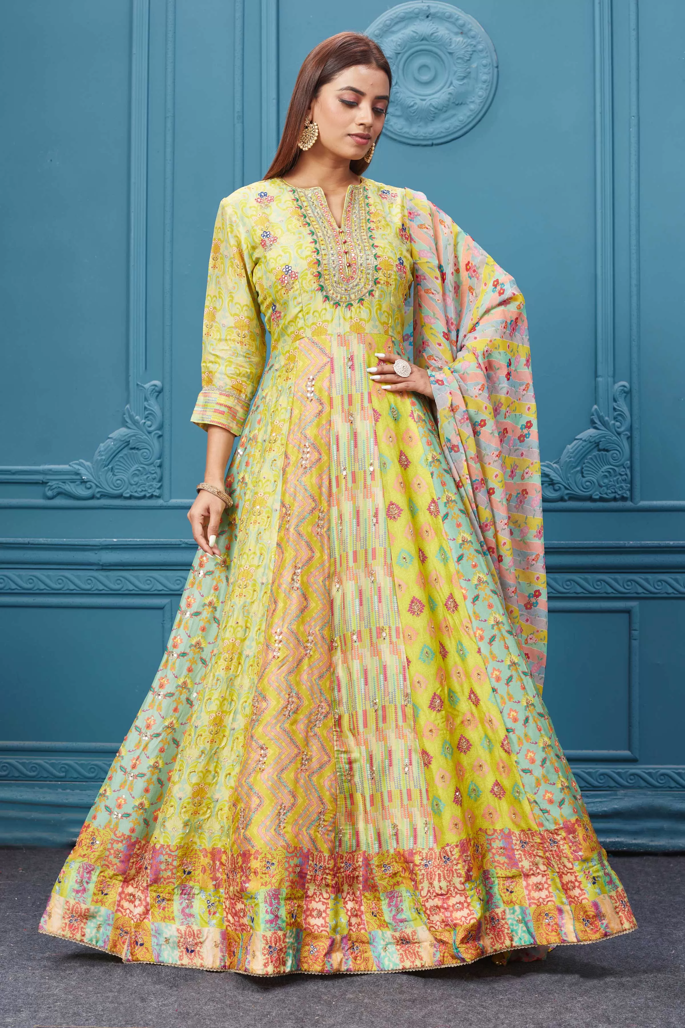 510026 Yellow and Beige Printed Anarkali Suit