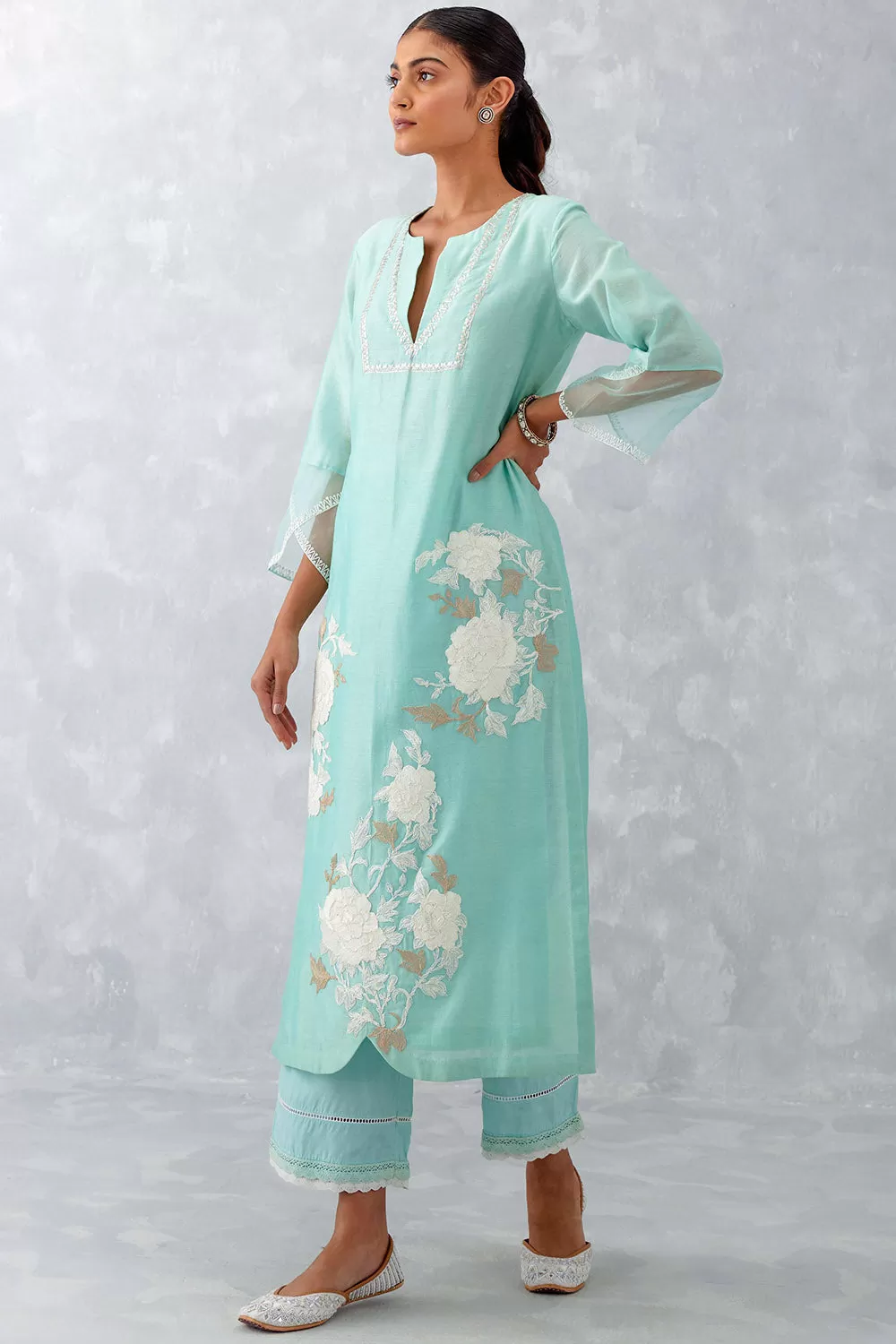 Aqua Blue Embroidered Chanderi Kurta Set