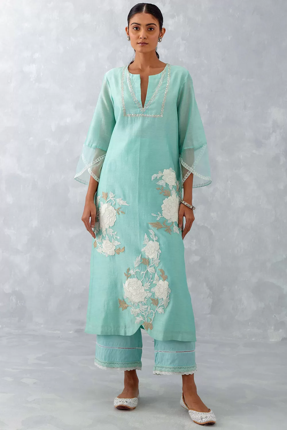 Aqua Blue Embroidered Chanderi Kurta Set