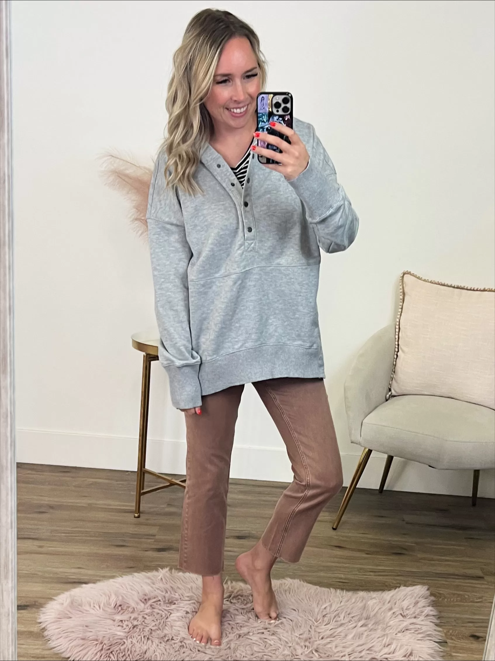 Bethany Oversized Henley Hoodie - Heather Gray