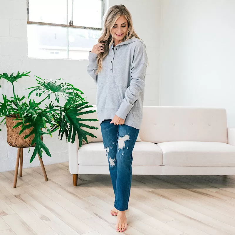 Bethany Oversized Henley Hoodie - Heather Gray