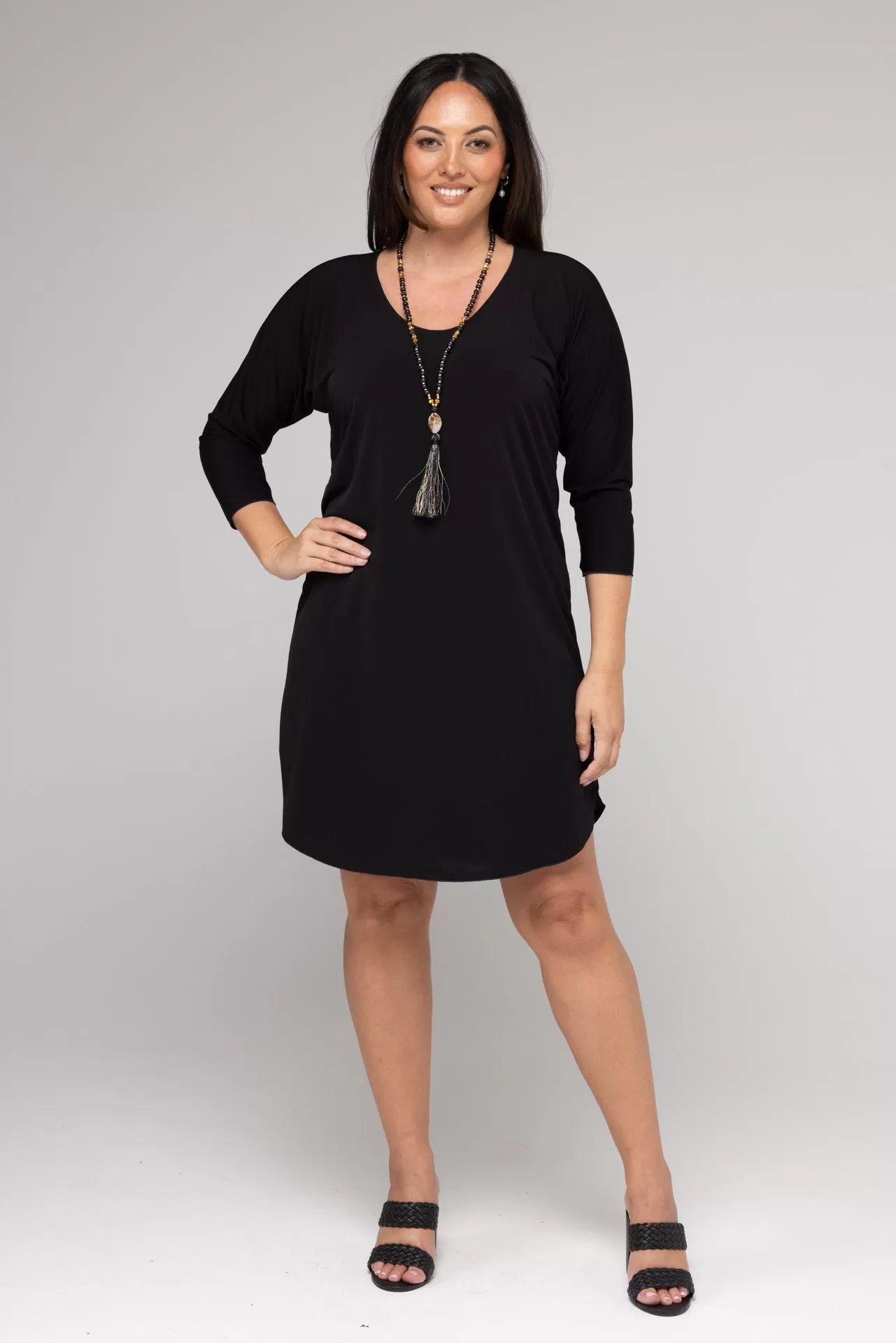 Black 3/4 Sleeve Jersey Shift Dress