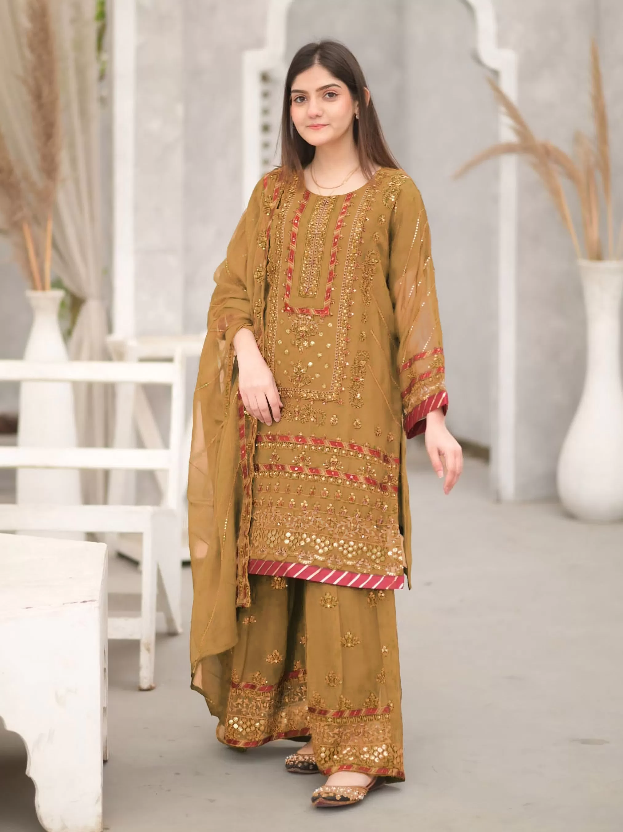 Brown Embroidered Chiffon Suit with Gharara