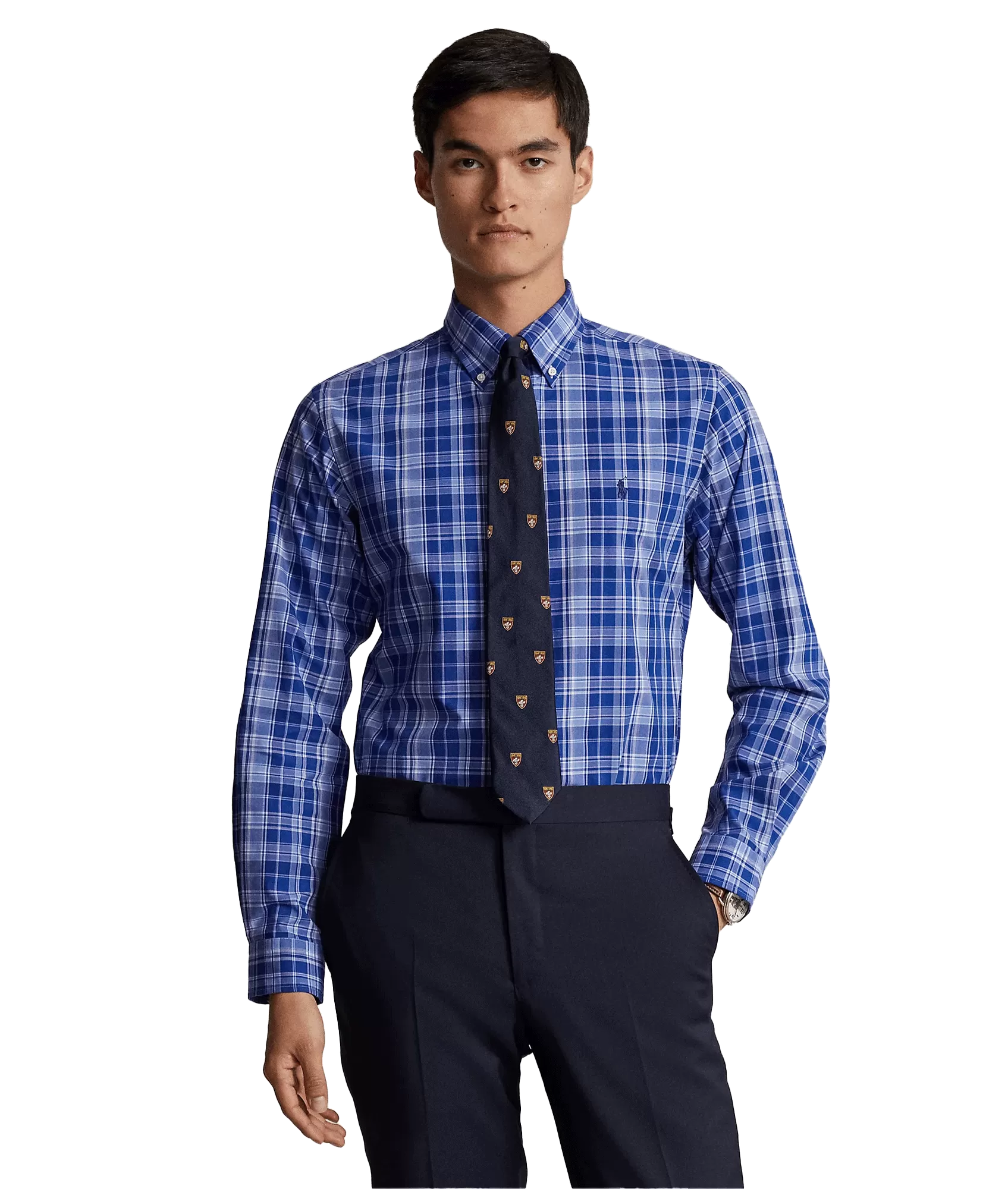 Custom Fit Gingham Stretch Poplin Shirt - Blue