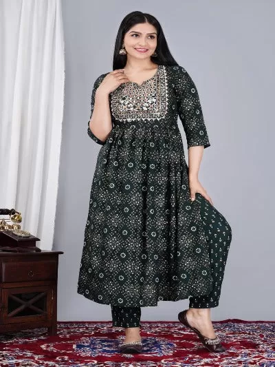 Dark Green Cotton Embroidered Festive Salwar Suit Set