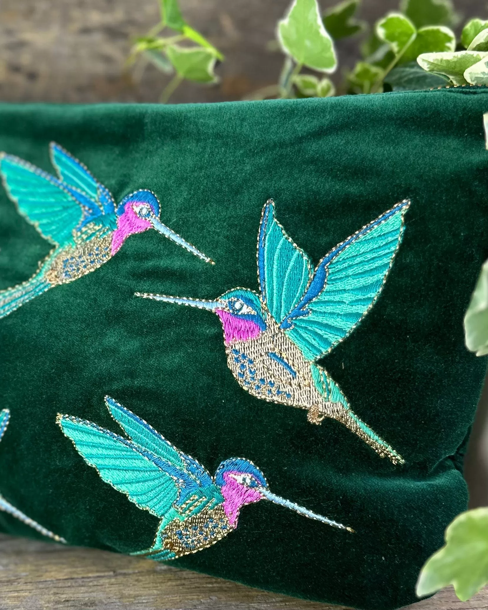 Embroidered Hummingbirds Velvet Everyday Bag - Teal