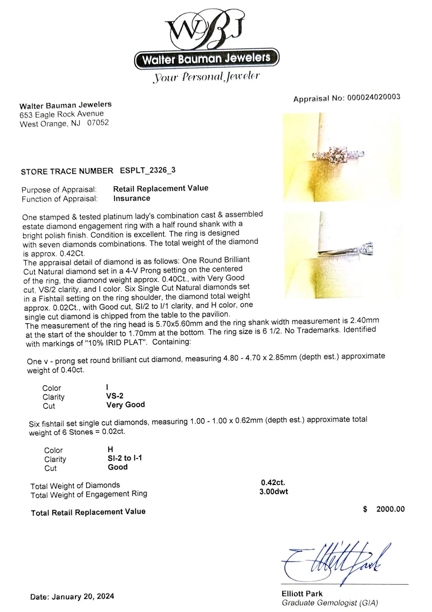 Estate Platinum 0.42ctw H-I/VS2-I1 Diamond Engagement Ring