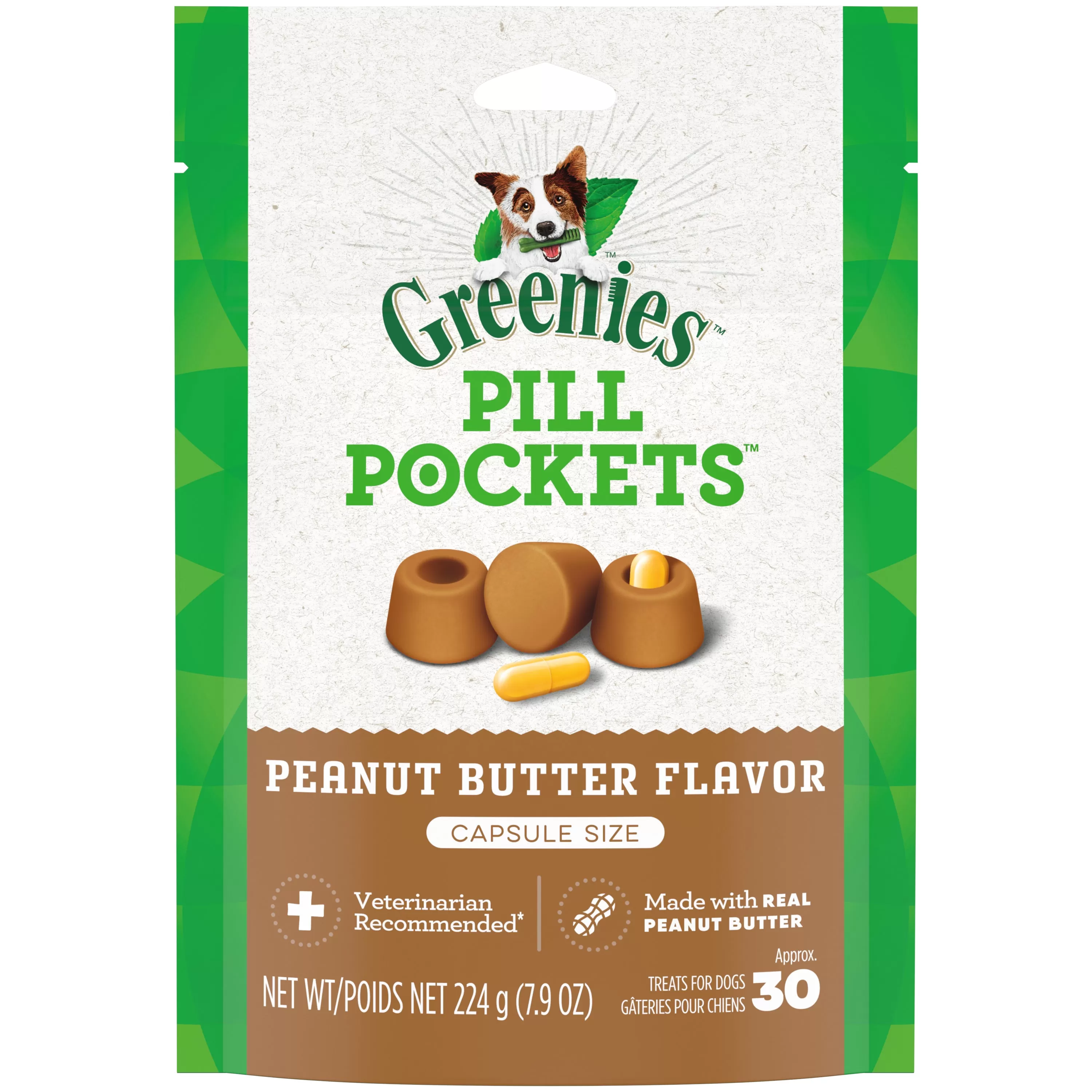 GREENIES PILL POCKETS for Dogs Capsule Size Natural Soft Dog Treats with Real Peanut Butter, 7.9 oz. Pack (30 Treats)