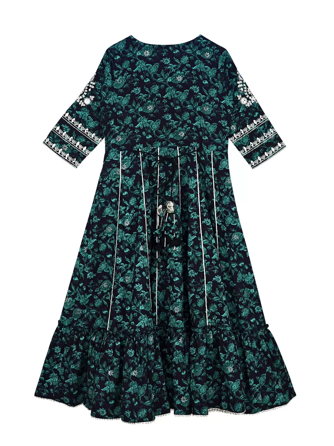 Ishin Girls Green Embroidered Tiered Dress