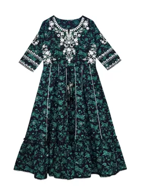 Ishin Girls Green Embroidered Tiered Dress