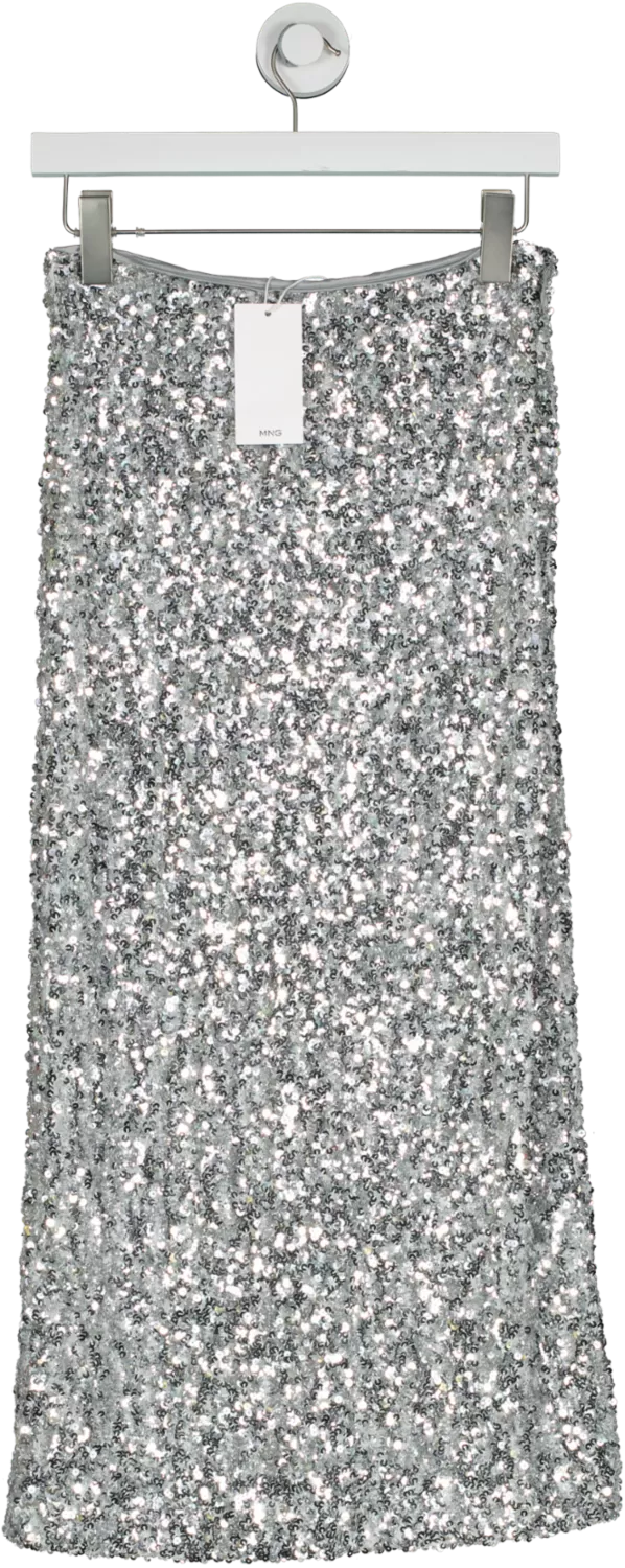 MANGO Metallic Xjaviera Sequin Midi Skirt, Silver UK XS