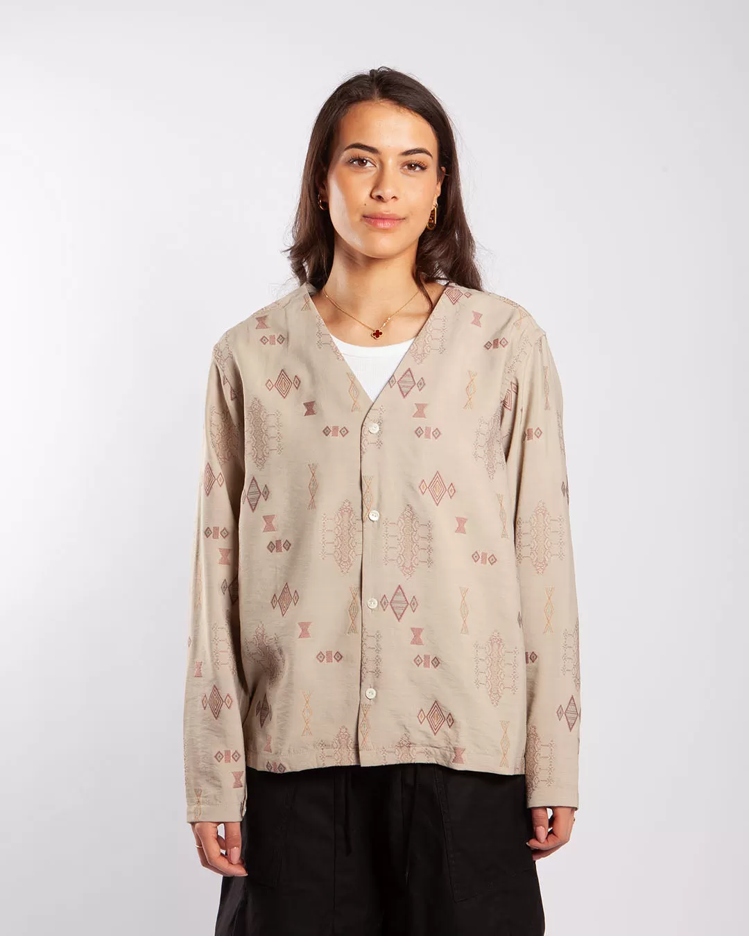 Needles V Neck Shirt - R/PE/N Ethnic Cut Jq. Beige