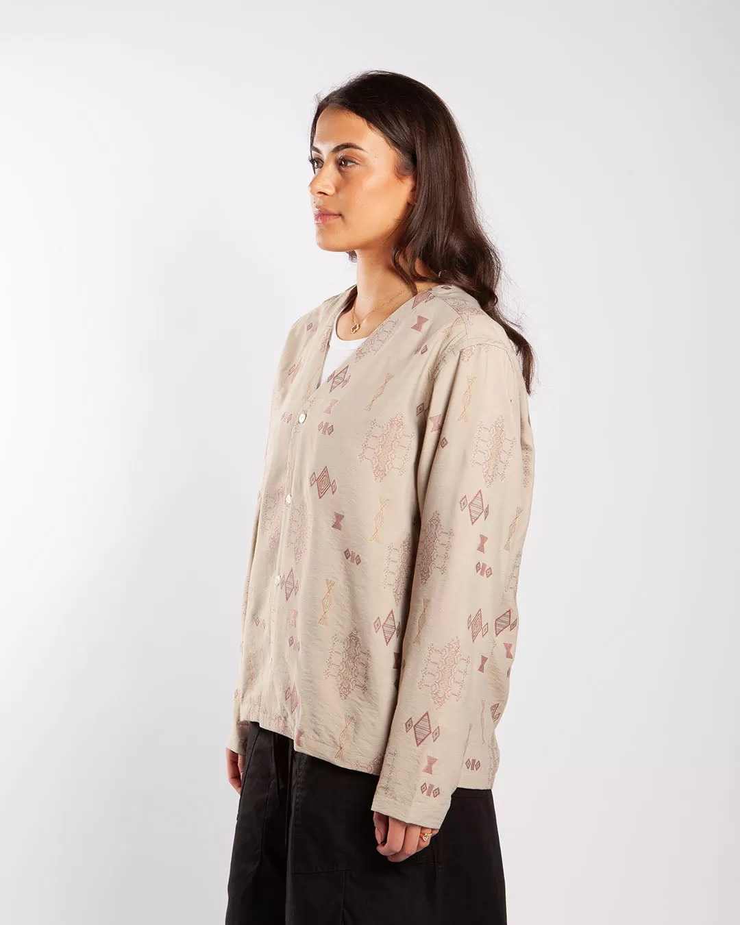 Needles V Neck Shirt - R/PE/N Ethnic Cut Jq. Beige