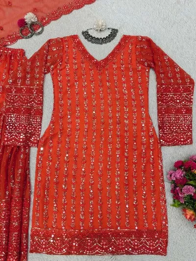 Orange Faux Georgette Heavy Thread Sequence Work Sharara Suit Set