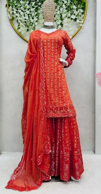 Orange Faux Georgette Heavy Thread Sequence Work Sharara Suit Set