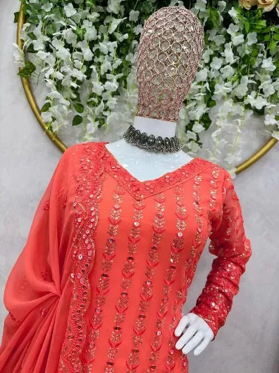 Orange Faux Georgette Heavy Thread Sequence Work Sharara Suit Set