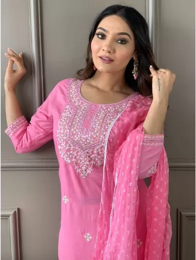 Pink Rayon Kurta, Pant with Dupatta Set of 3