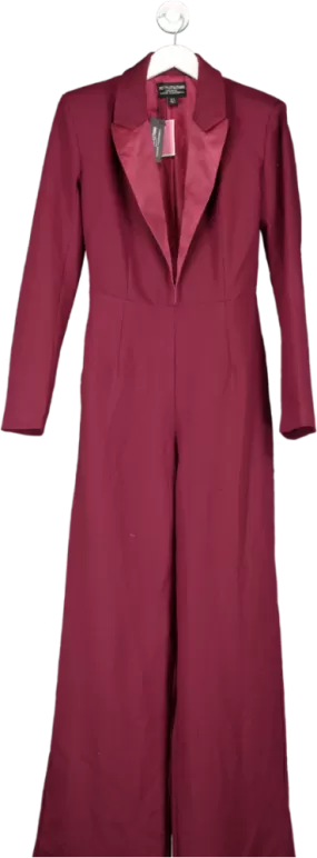 PrettyLittleThing Cherry Red Tailored Satin Lapel Straight Leg Jumpsuit UK 8