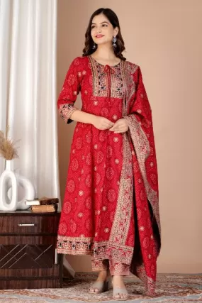 Red Foil Print Cotton Anarkali Suit Set