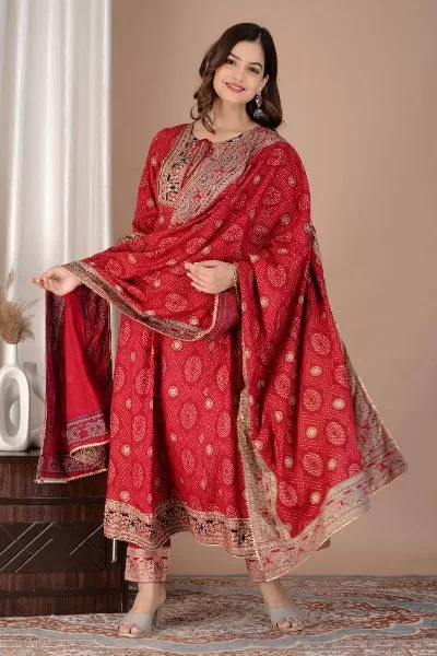 Red Foil Print Cotton Anarkali Suit Set