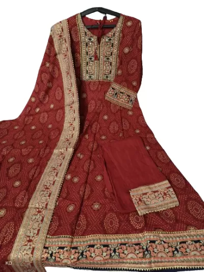 Red Foil Print Cotton Anarkali Suit Set