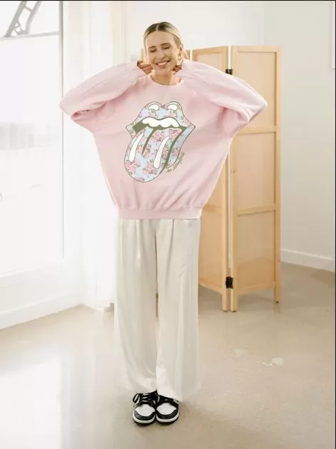 Rolling Stones Floral Lick Pink Thrifted Sweatshirt