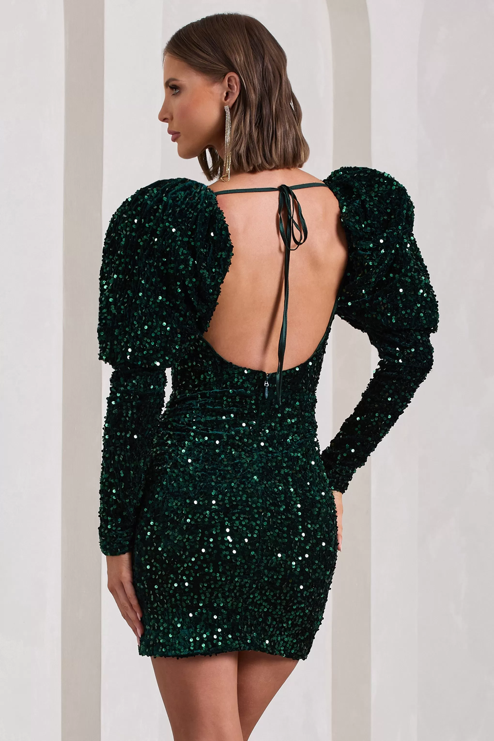 Shine Bright | Bottle Green Sequin Mini Dress With Puff Sleeves