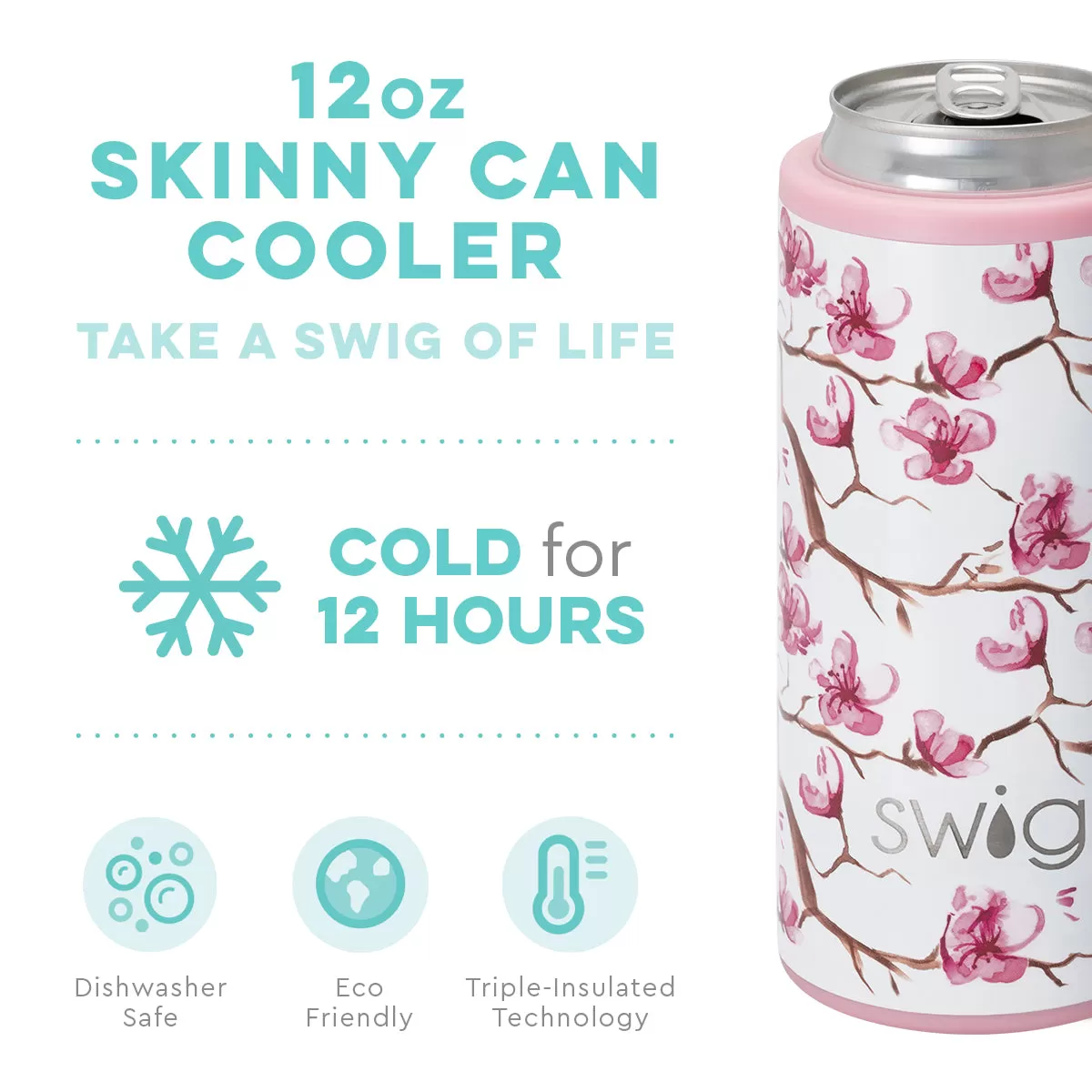 SWIG {CHERRY BLOSSOM} Skinny Insulated Stainless Steel Can Cooler (12 oz.)