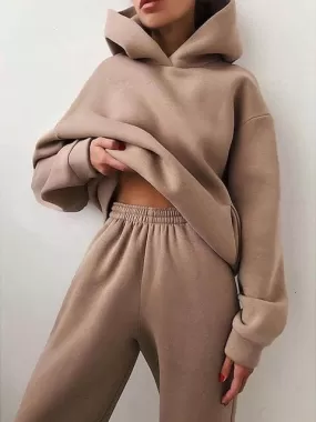 Women's Camel Almond Light Brown 2-Piece Winter Tracksuit Sweatsuit for Fitness and Running